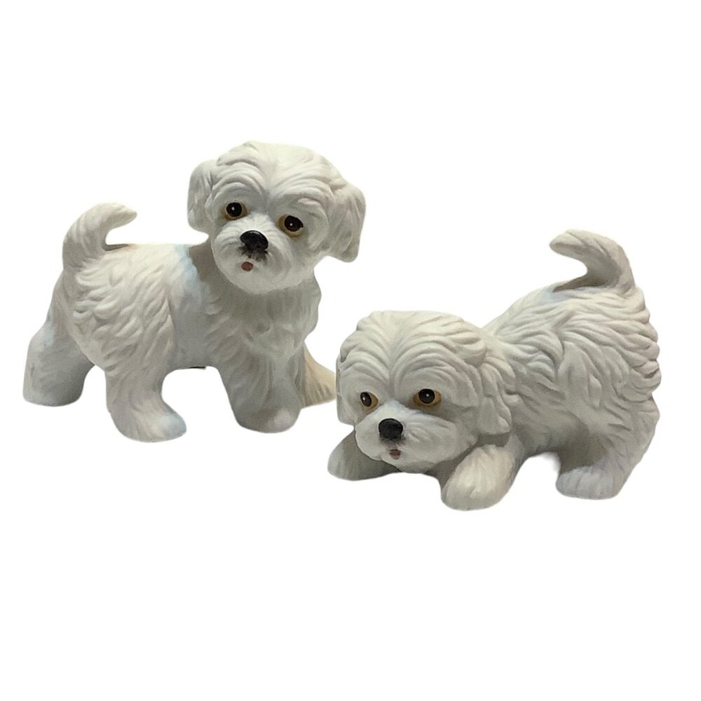 Vtg Home Interiors Homco Shitzu Maltese Figures Set of 2 White Puppy Dogs 1411